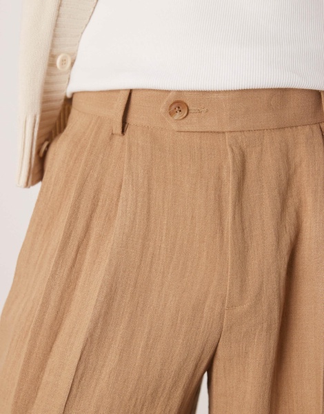 ASOS DESIGN smart wide leg linen look pants with double pleats in light brown
