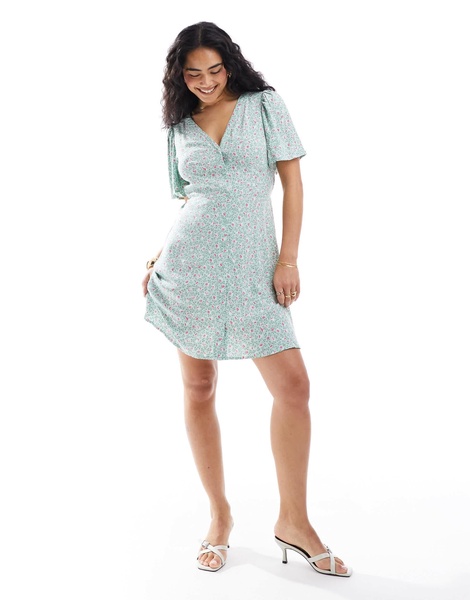 Vero Moda button up mini skater dress in mint green floral
