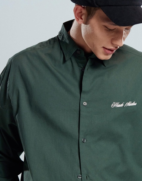 ASOS DESIGN boxy oversized shirt with chest embroidery in green