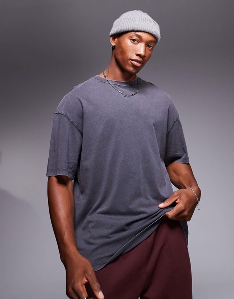 ADPT oversized washed good energy back print T-shirt in dark gray