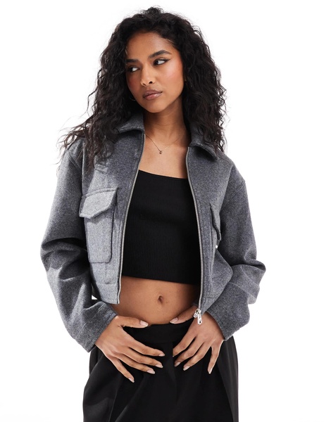 Bershka boxy wool jacket in dark gray