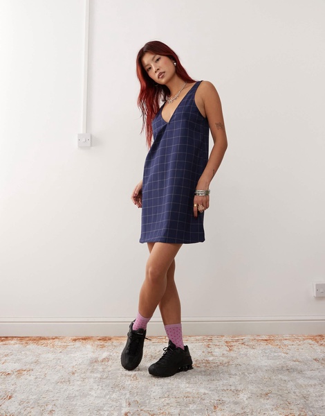 Monki pinafore mini dress in navy check pinstripe