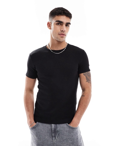 Bershka slim fit ribbed T-shirt in black
