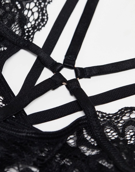 Ann Summers Obsession lace and fishnet plunge front crotchless bodysuit with strapping detail in black