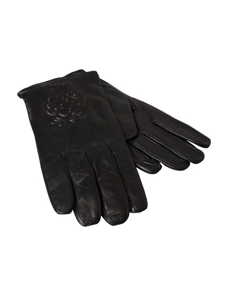 Black Leather Short Gloves Logo Details