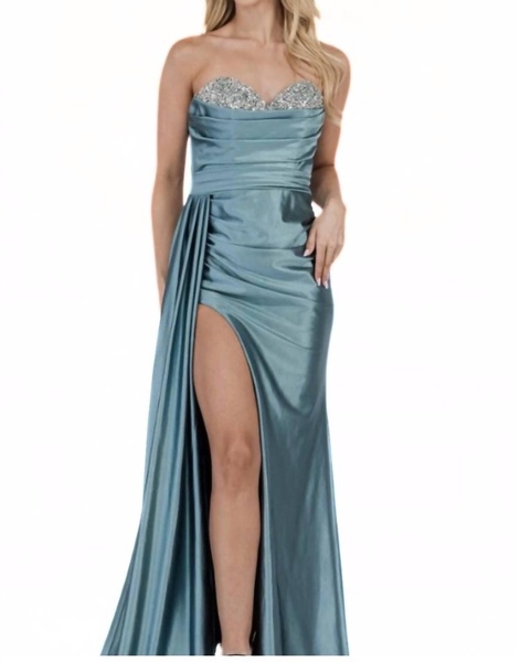 strapless beaded top gown in light teal
