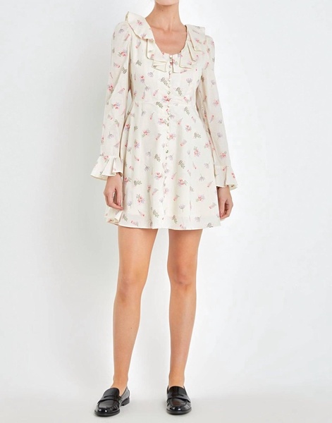 floral ruffled neck dress in ivory