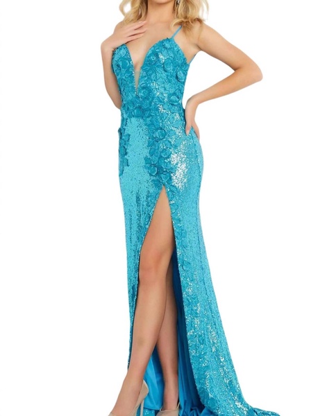 floral appliques backless dress in turqu