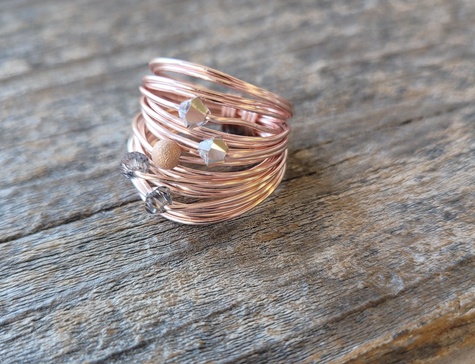 marcia wire wrap ring in rose gold with grey comet swarovski crystals