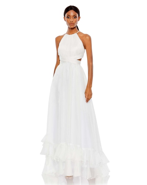 pleated criss cross cut-out halter neck gown