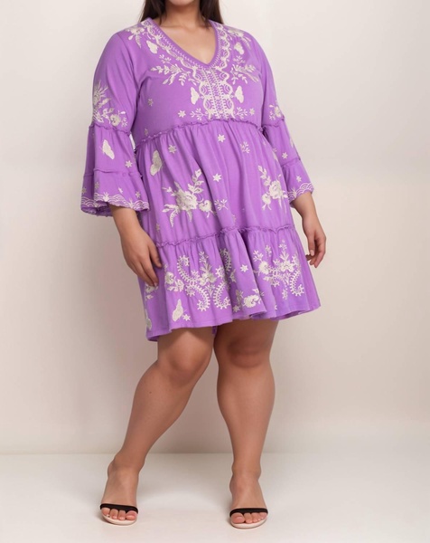 arzella knit embroidered easy tiered dress in purple