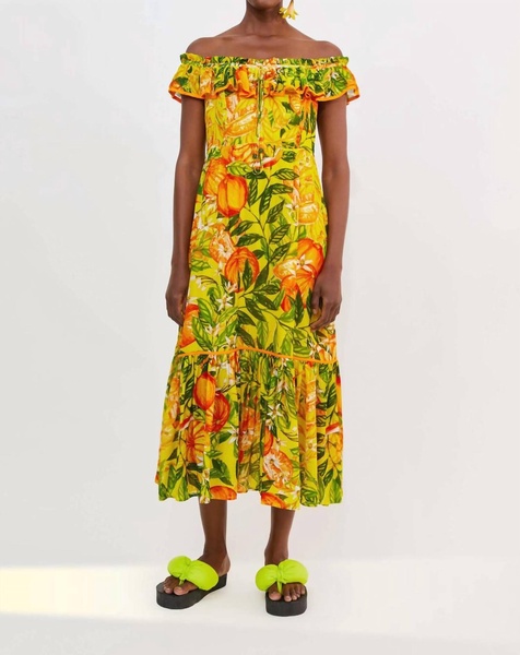 tangerines off the shoulder midi dress in yellow