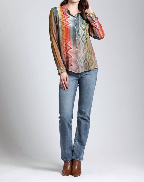 waves & rhombus print button up blouse in multi