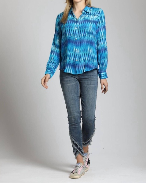 button-up roll-up sleeve blouse in azure ikat stripe