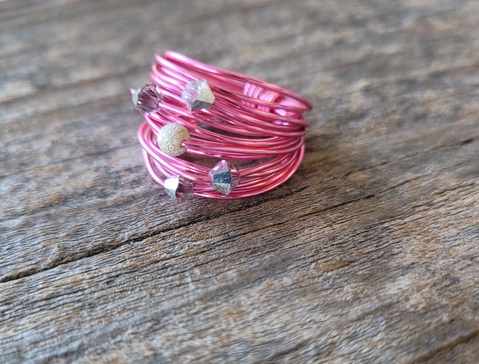 marcia wire wrap ring in hot pink with grey comet swarovski crystals