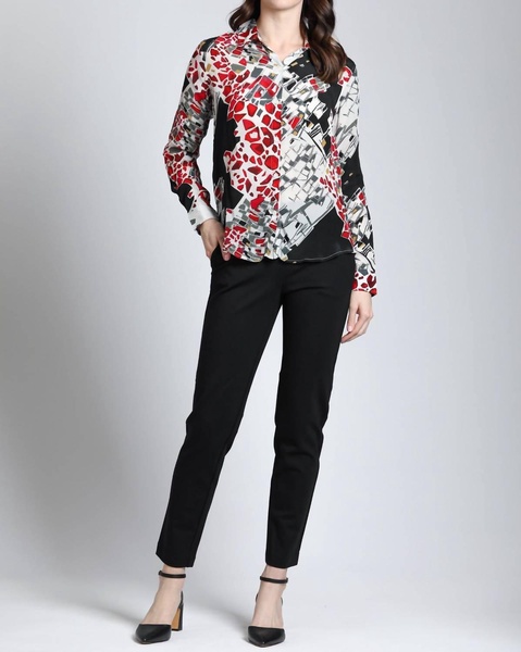 abstract print button up top in red, black, and white