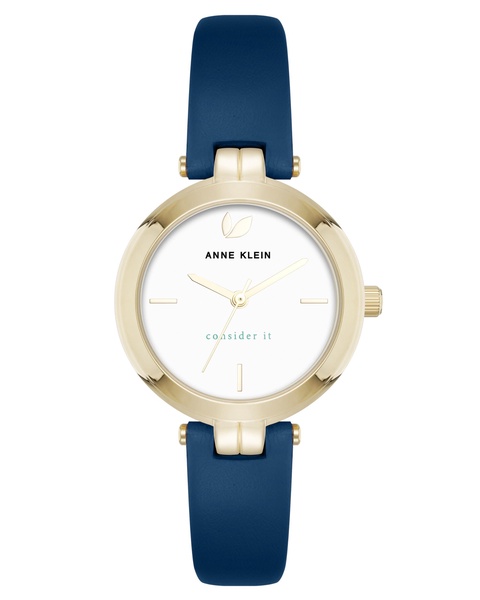 Women's Quartz Round Blue Leather and Gold-Tone Metal Alloy Strap Watch, 32mm