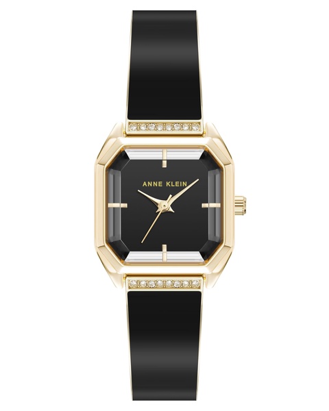 Women's Quartz Premium Crystal Black Enamel and Gold-Tone Alloy Metal Bangle Watch, 23mm