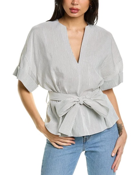 Vince Women's Stripe Cuffed S/S V-Neck Blouse
