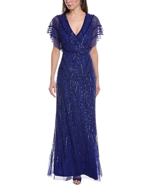 Adrianna Papell Women's V-Neck Allover Beaded Mesh Overlay Gown