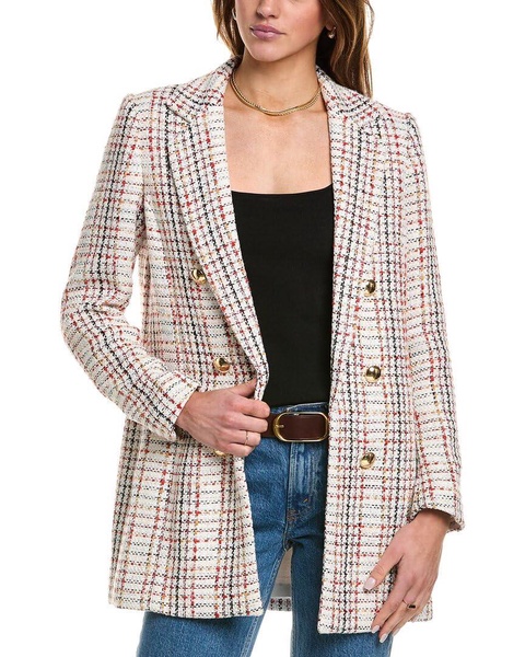 Anne Klein Women's Tweed Plaid Long Faux Double Breasted Ja