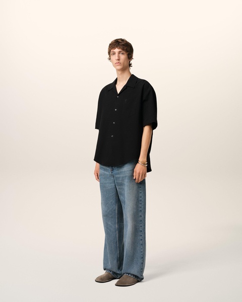 Black Cotton Camp Collar Short Sleeves Shirt