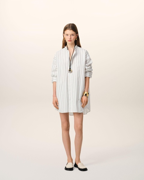 White And Blue Cotton Wingtip Collar Oversized Shirt
