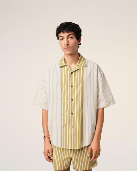 White And Khaki Cotton Short Sleeve Boxy Shirt