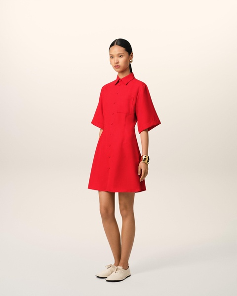 Red Wool Short Sleeve Shirt Dress