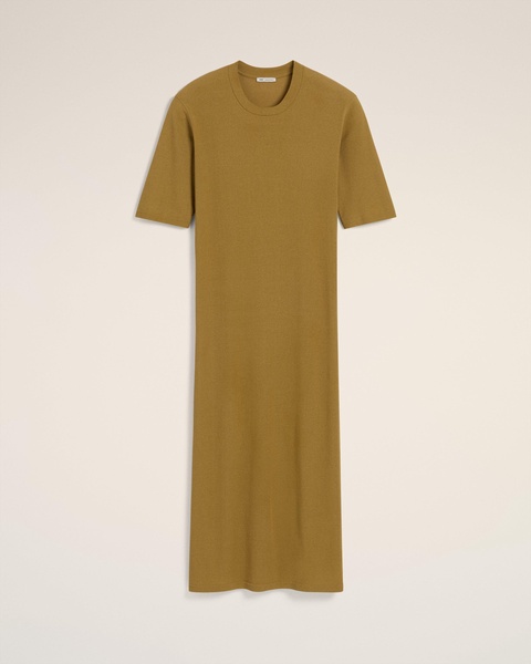 Mustard Cotton Short Sleeve Midi Dress