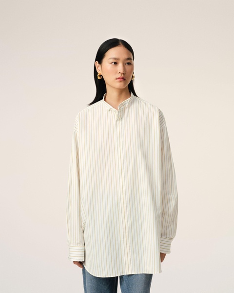 White And Khaki Cotton Wingtip Collar Oversized Shirt