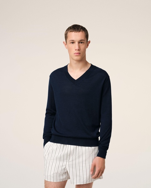 Navy Wool V Neck Sweater