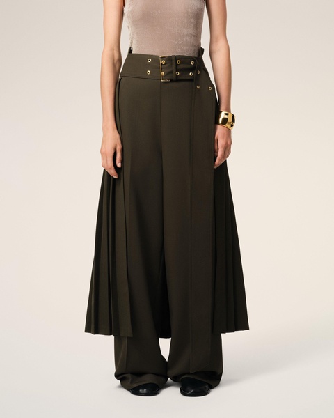 Green Wool Twill Belted Pleated Skirt