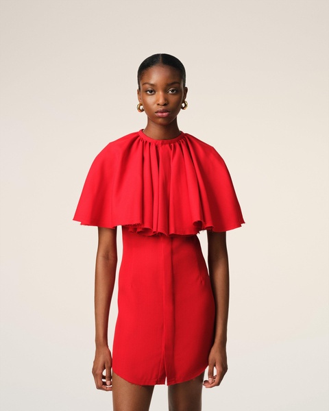Red Wool Shirt Dress With Ruff
