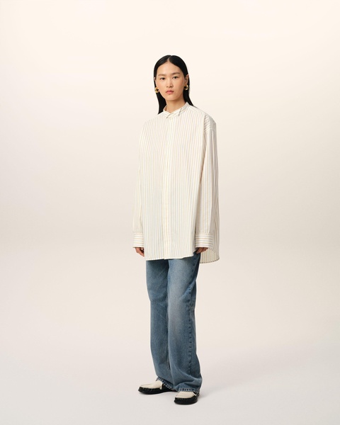 White And Khaki Cotton Wingtip Collar Oversized Shirt
