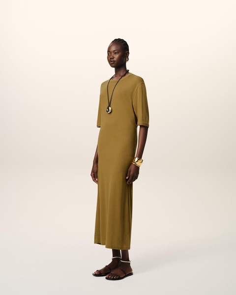Mustard Cotton Short Sleeve Midi Dress