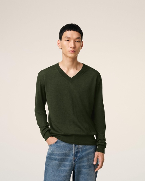 Green Wool Tonal V Neck Sweater