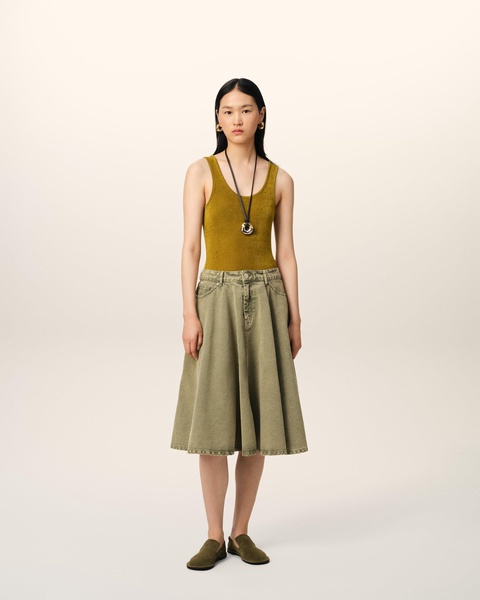 Green Cotton Midi Skirt With Godets