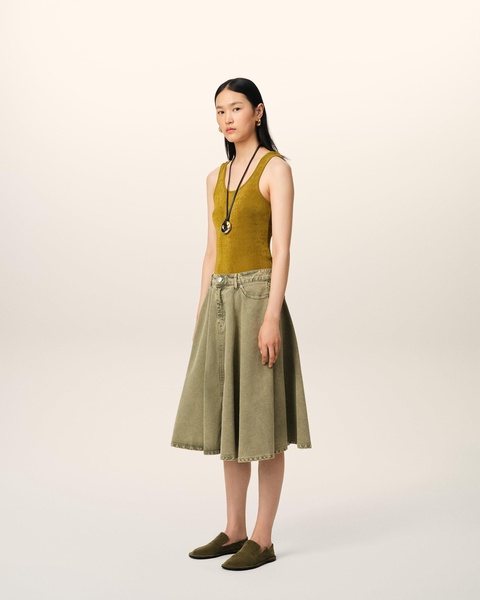 Green Cotton Midi Skirt With Godets