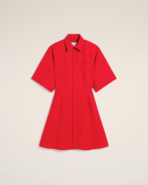 Red Wool Short Sleeve Shirt Dress