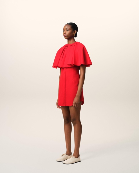 Red Wool Shirt Dress With Ruff