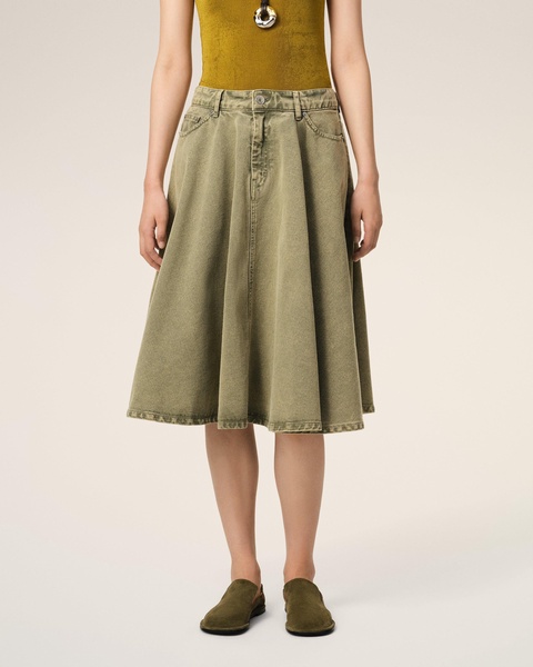 Green Cotton Midi Skirt With Godets