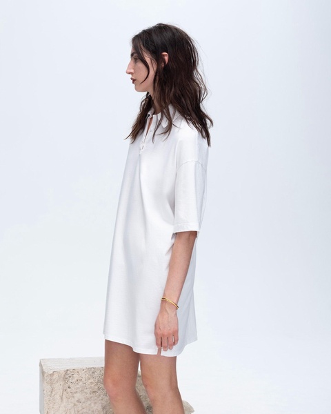 Heavyweight Jersey Mixed Media Short Sleeve Polo Dress Vintage Wash - White