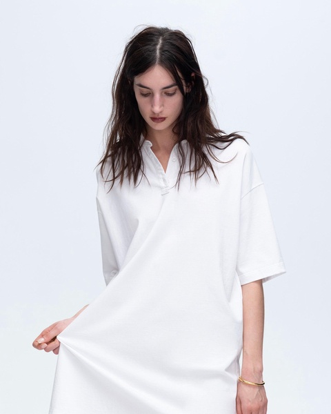 Heavyweight Jersey Mixed Media Short Sleeve Polo Dress Vintage Wash - White