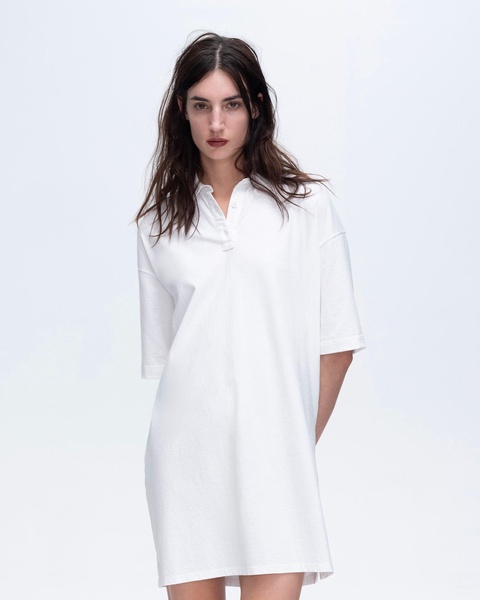 Heavyweight Jersey Mixed Media Short Sleeve Polo Dress Vintage Wash - White