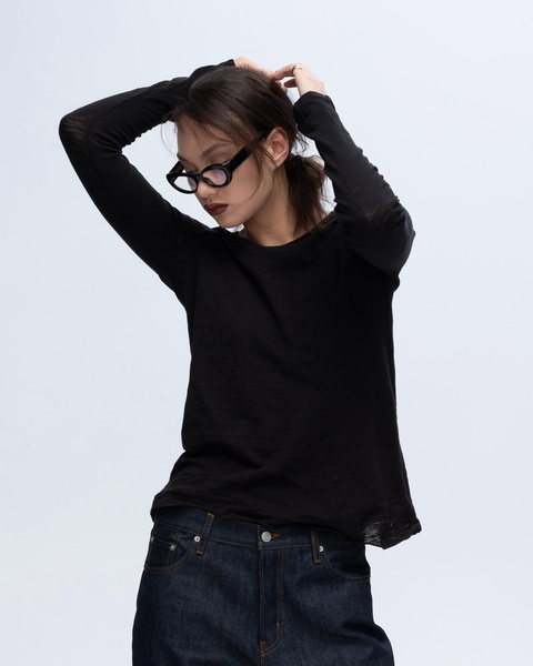 Slub Jersey Long Sleeve Destroyed Wash Tee - Black