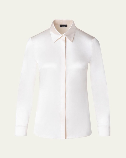 Button Down Silk Satin Stretch Blouse