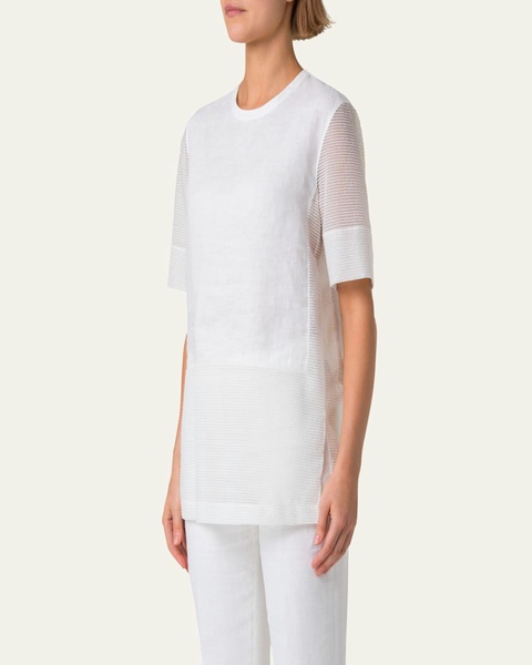 Mixed-Media Linen Striped Organza Short-Sleeve Blouse