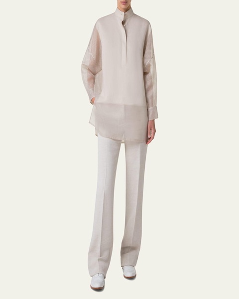 Mixed-Media Linen Toile Striped Organza Tunic Blouse
