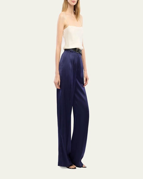 Double-Pleated Satin Wide-Leg Trousers